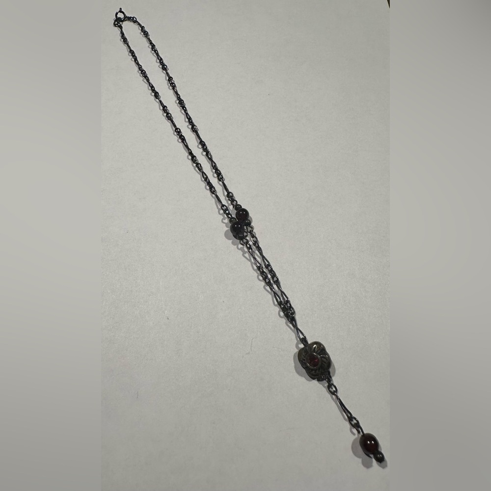 Necklace black metal with dark ruby red beads and flower drop